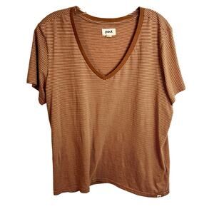 Pact V-Neck Brown and White Striped Tee